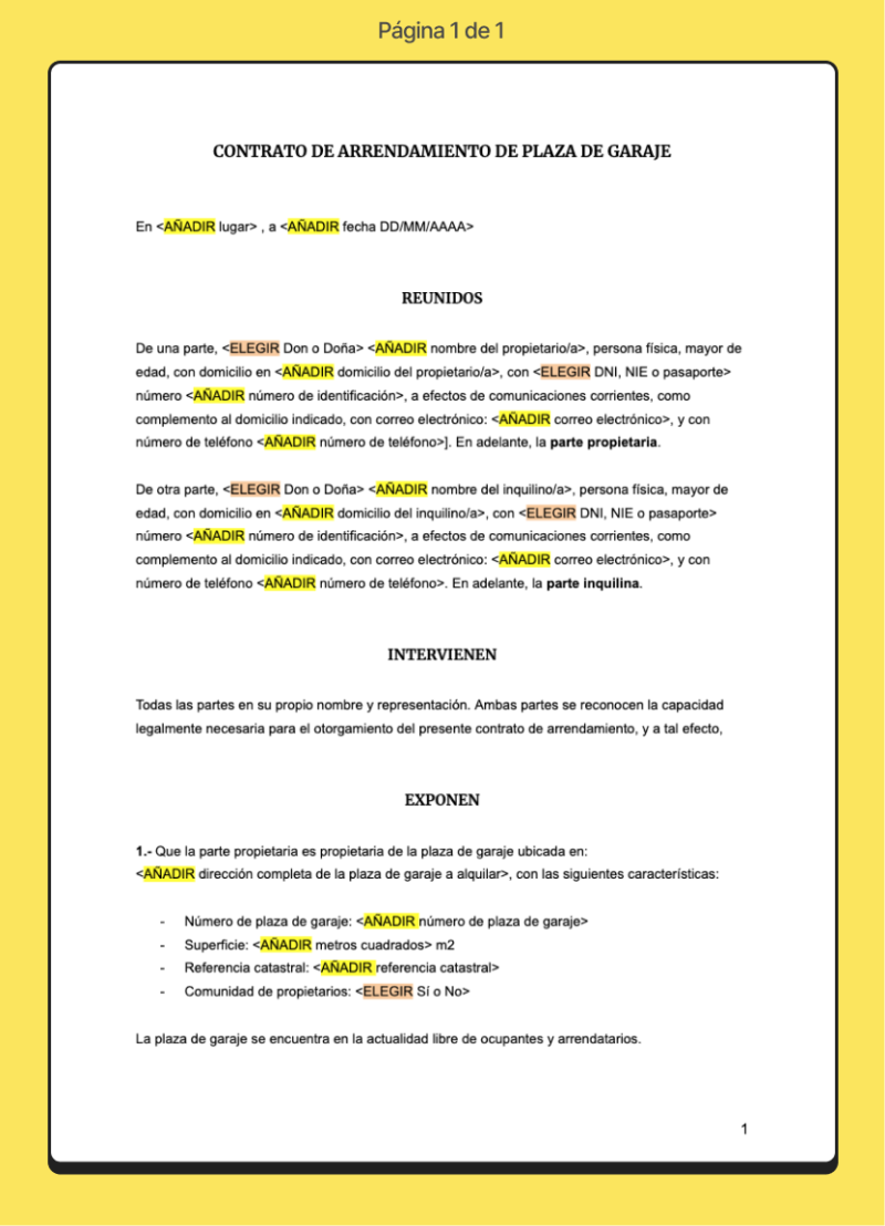 Primera página de contrato de alquiler de plaza de garaje