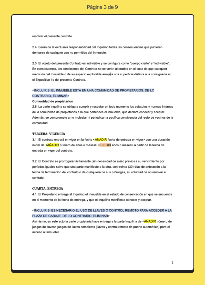 Tercera página de contrato de alquiler de plaza de garaje